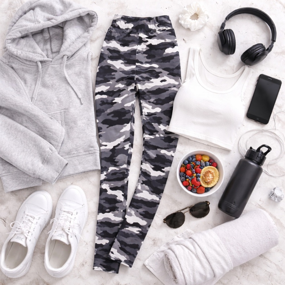 Gray Black Camo Leggings High Waisted Buttery Soft Stretch Yoga Pants